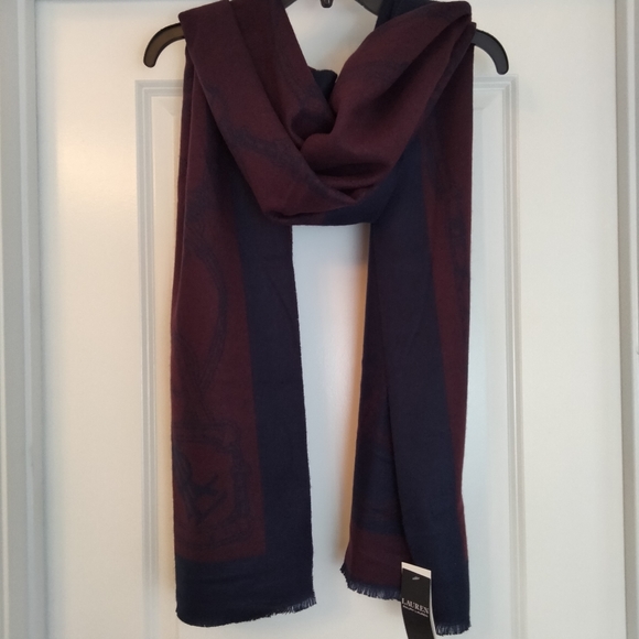 NWT Ralph Lauren Horse Bit Logo Navy and Wine Wide Scarf Wrap - Picture 7 of 7